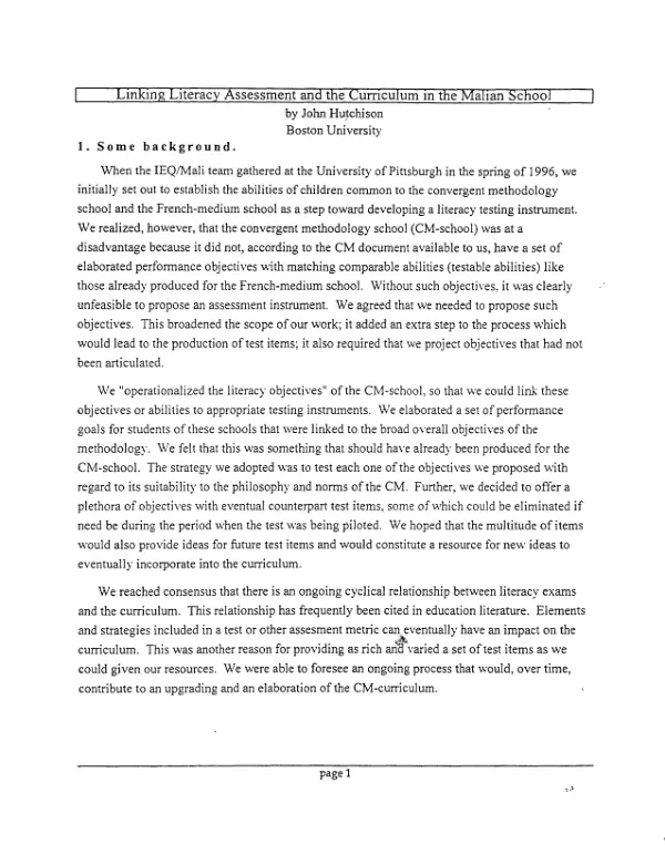 Linking literacy assessment and the curriculum in the Malian school