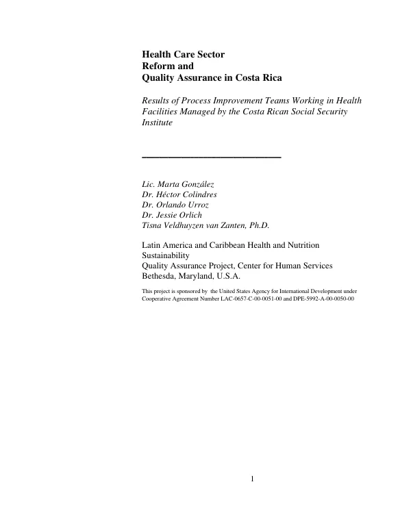 Health care sector reform and quality assurance in Costa Rica : results of process improvement teams working in health facilities managed by the Costa Rican Social Security Institute