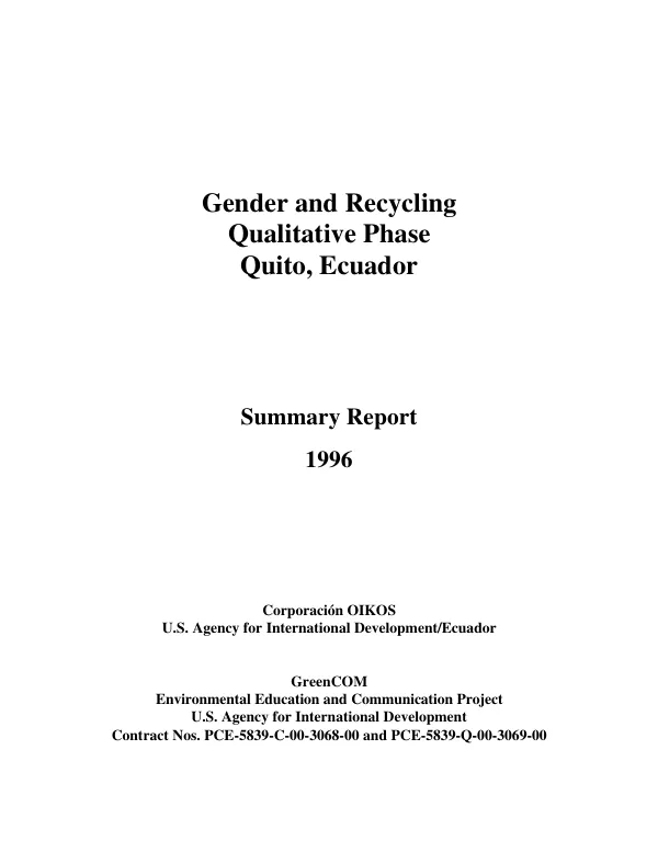 Gender and recycling : qualitative phase, Quito, Ecuador : summary report 1996