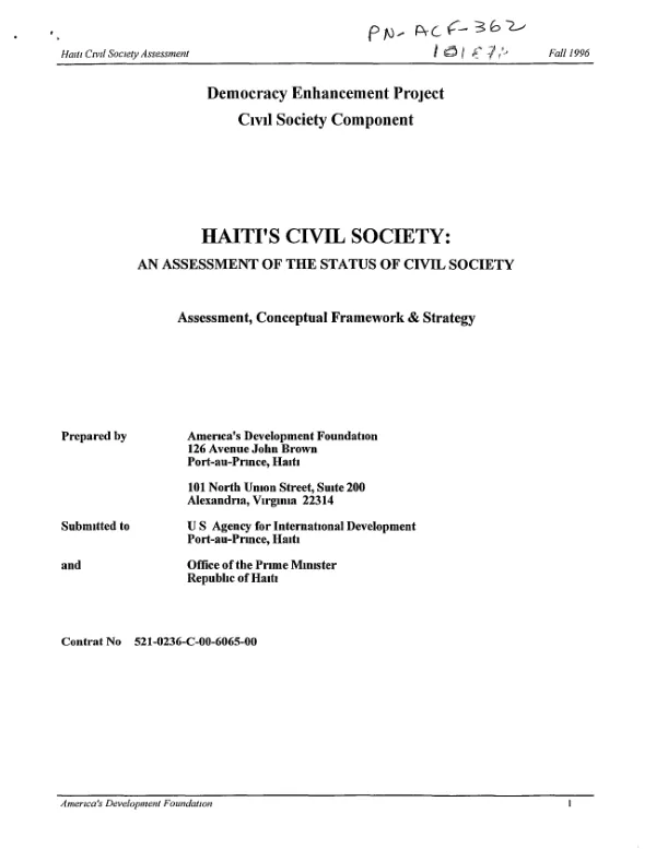 Haiti"s civil society : an assessment of the status of civil society -- assessment, conceptual framework & strategy