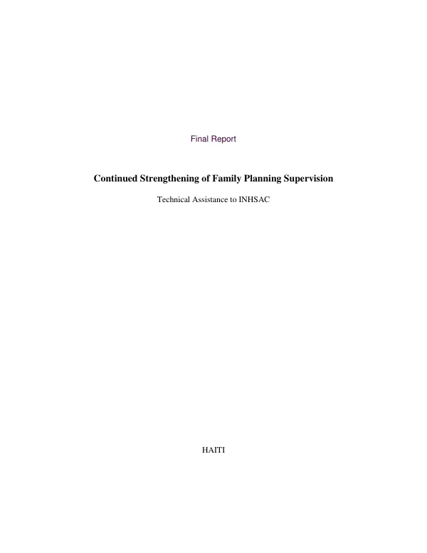 Haiti final report : continued strengthening of family planning supervision