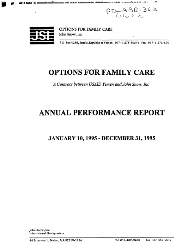 Options for family care, a contract between USAID and John Snow, Inc. : annual performance report, January 10, 1995-December 31, 1995
