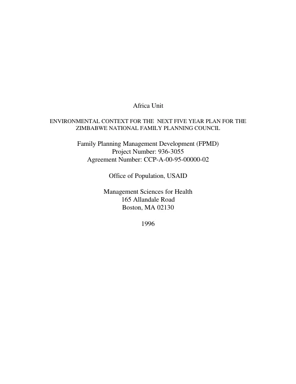Africa unit : environmental context for the next five year plan for the Zimbabwe National Family Planning Council