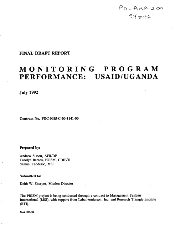 Final draft report : monitoring program performance : USAID/Uganda