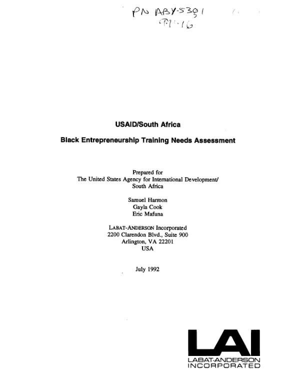 USAID/South Africa : black entrepreneurship training needs assessment