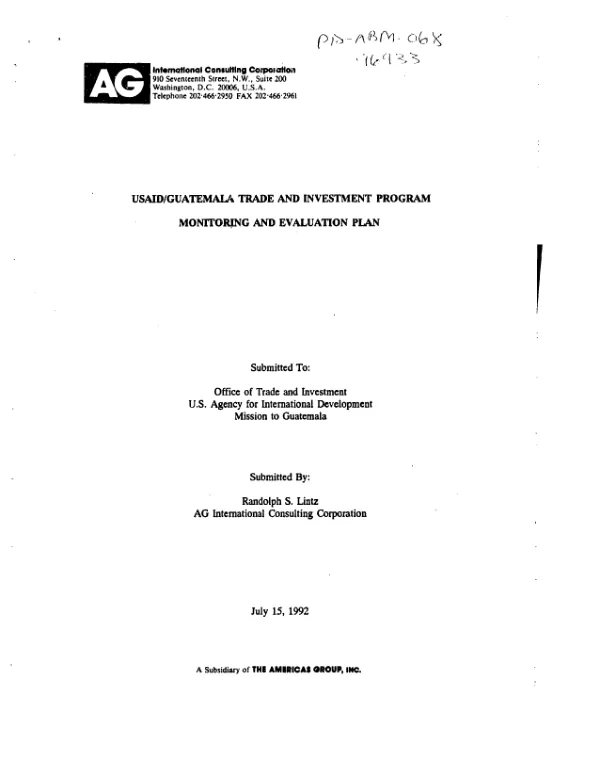 USAID/Guatemala trade and investment program monitoring and evaluation plan