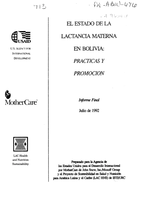 Estado de la lactancia materna en Bolivia : practicas y promocion