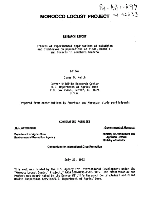 Morocco locust project -- research report : effects of experimental applications of malathion and dichlorvos on populations of birds, mammals, and insects in southern Morocco