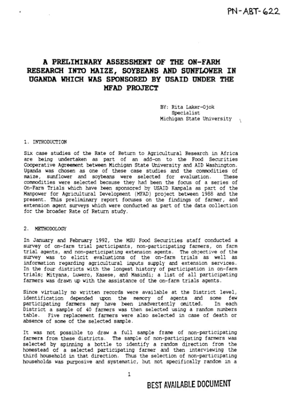 Preliminary assessment of the on-farm research into maize, soybeans and sunflower in Uganda which was sponsored by USAID under the MFAD (manpower for agricultural development) project