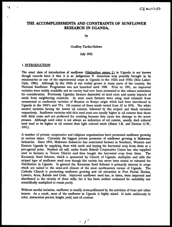 Accomplishments and constraints of sunflower research in Uganda