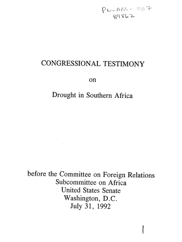 Congressional testimony on drought in Southern Africa before the Committee on Foreign Relations Subcommittee on Africa, United States Senate