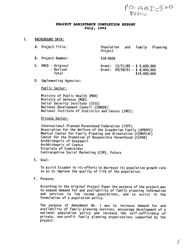 Project assistance completion report : population and family planning project