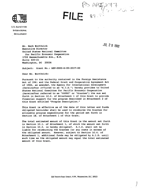 AID grant no. AEP-0000-G-00-2037-00 to the United States National Committee for Pacific Economic Cooperation to support them as Chair of the Pacific Economic Cooperation Conference