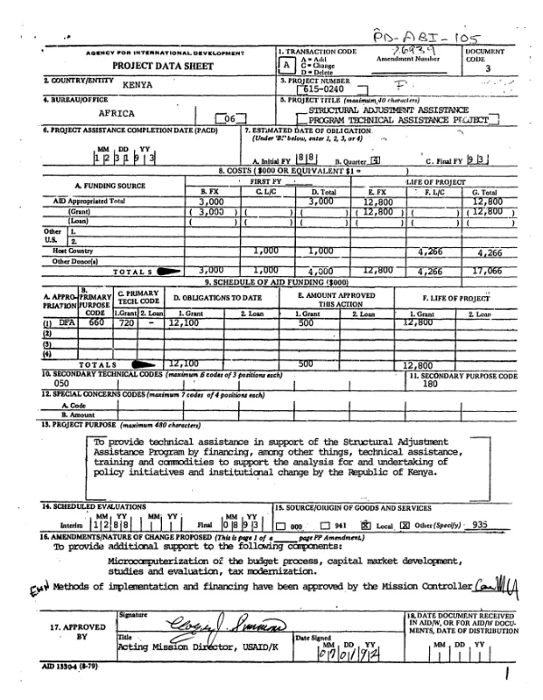 Structural adjustment assistance program -- technical assistance project [: amendment no. 2]