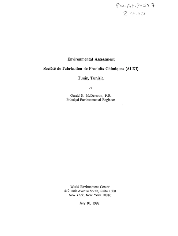 Environmental assessment : Societe de Fabrication de Produits Chimiques (ALKI), Tunis, Tunisia