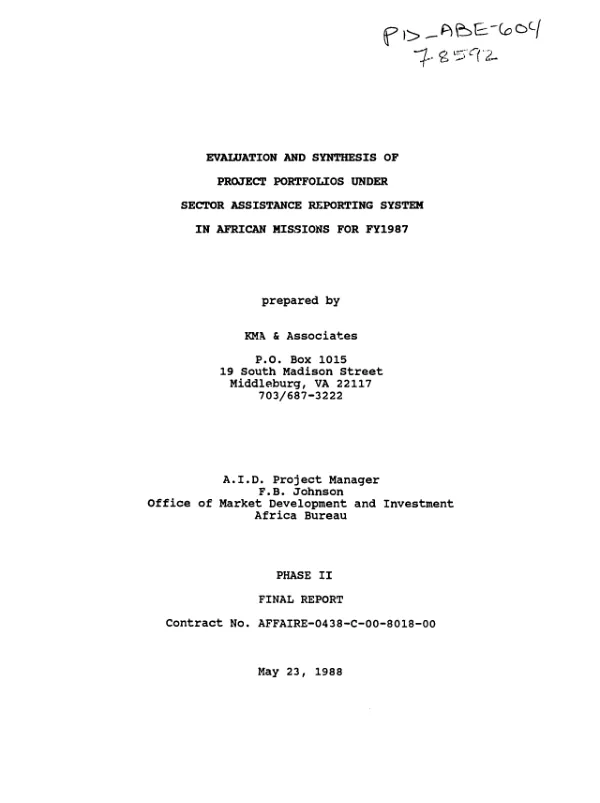 Evaluation and synthesis of project portfolios under sector assistance reporting system in African missions for FY 1987 : phase II final report