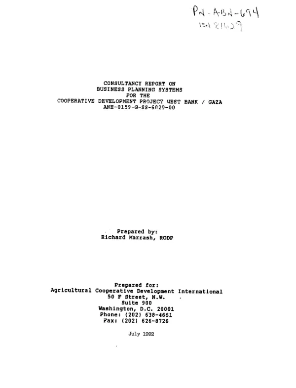 Consultancy report on business planning systems for the cooperative development project West Bank/Gaza -- ANE-0159-G-SS-6020-00