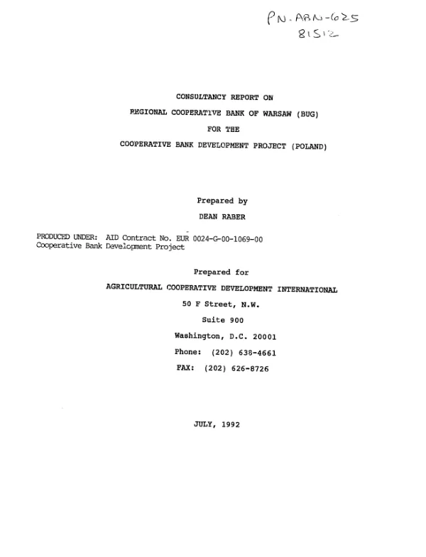 Consultancy report on Regional Cooperative Bank of Warsaw (BUG) for the cooperative bank development project (Poland)