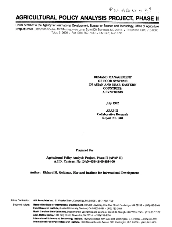 Demand management of food systems in Asian and Near Eastern countries : a synthesis