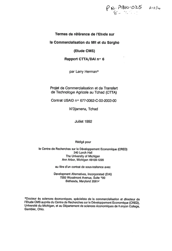 Termes de reference de l"etude sur la commercialisation du mil et du sorgho (etude CMS)