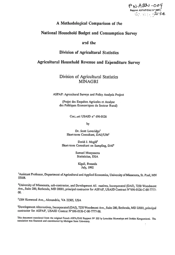 Methodological comparison of the national household budget and consumption survey and the Division of Agricultural Statistics agricultural household revenue and expenditure survey