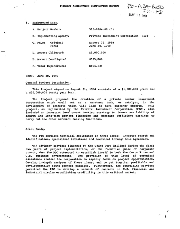 Project assistance completion report : Private Investment Corporation (PIC)