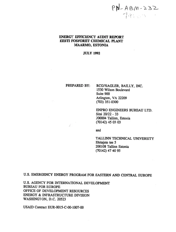 Energy efficiency audit report : Eesti Fosforiit Chemical Plant, Maarmo, Estonia