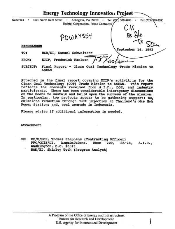 Mission report : US coal technology mission to Thailand and Indonesia : Thailand, June 20-June 25, 1992; Indonesia, June 26-July 1, 1992