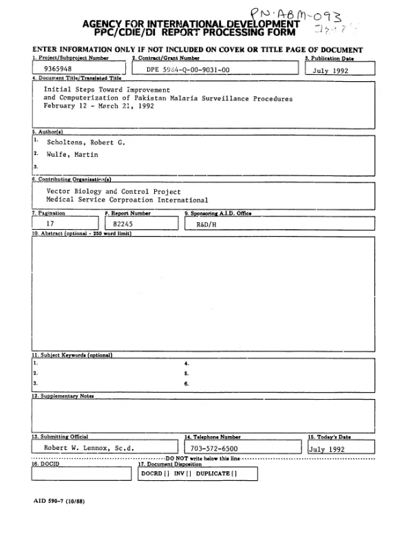 Initial steps toward improvement and computerization of Pakistan malaria surveillance procedures, February 12-March 21, 1992