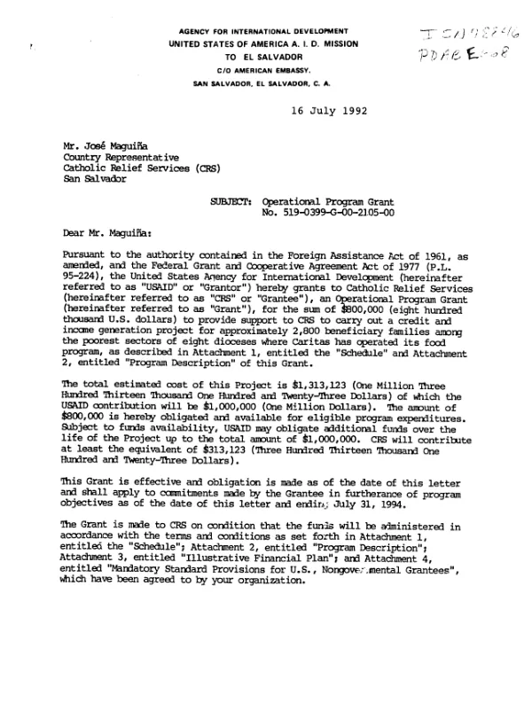 AID operational program grant no. 519-0399-G-00-2105-00 to Catholic Relief Services (CRS) to carry out a credit and income generation project