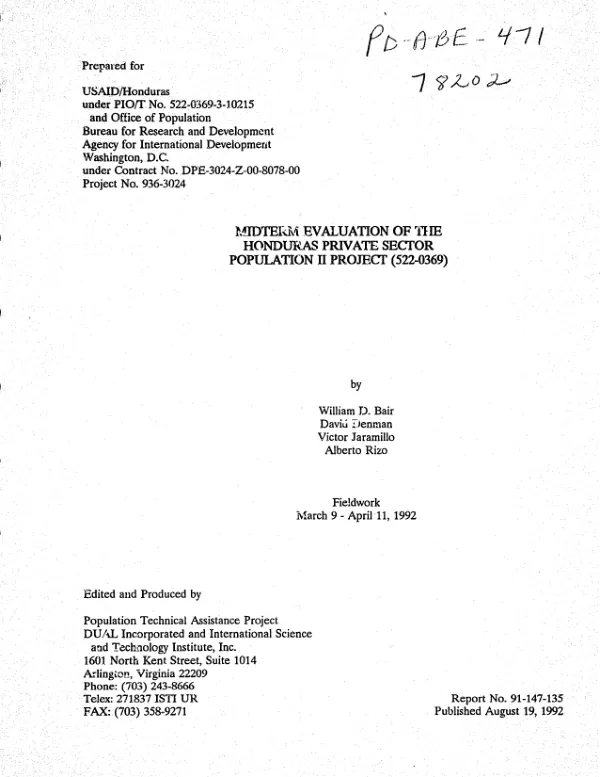 Midterm evaluation of the Honduras private sector population II project (522-0369)