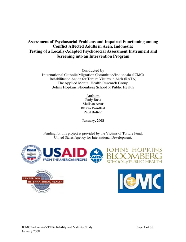 Assessment of psychosocial problems and impaired functioning among conflict affected adults in Aceh, Indonesia : testing of a locally-adapted psychosocial assessment instrument and screening into an intervention program