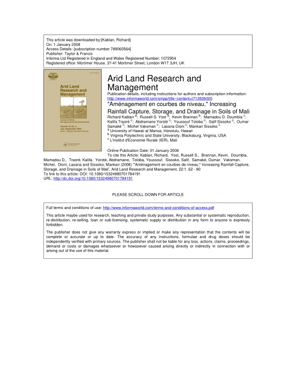 Amenagement en courbes de niveau : increasing rainfall capture, storage, and drainage in soils of Mali -- arid land research and management