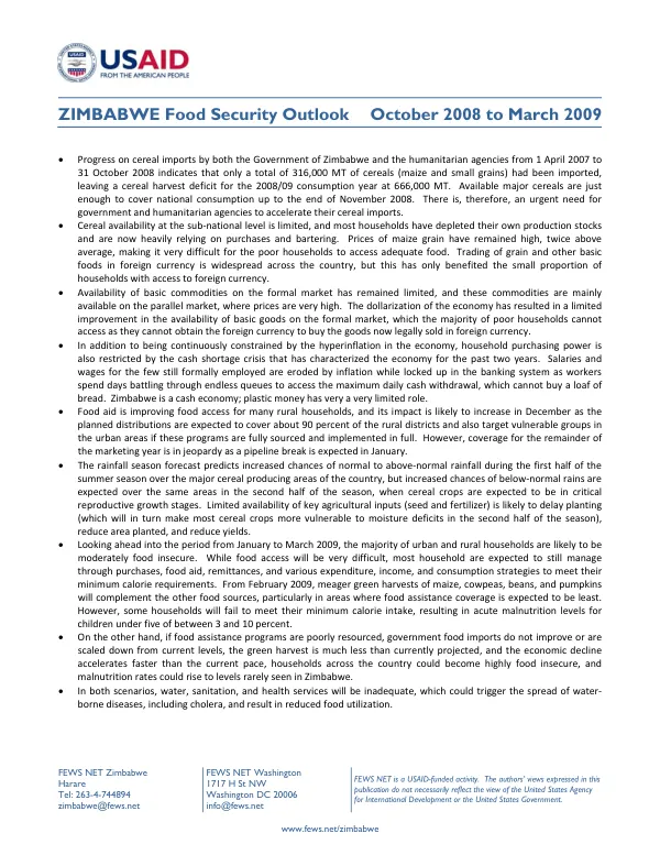 Southern Africa food security outlook, October [2008]-March 2009