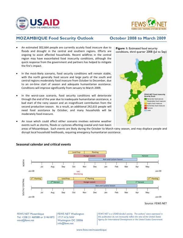 Mozambique food security outlook, October 2008 to March 2009