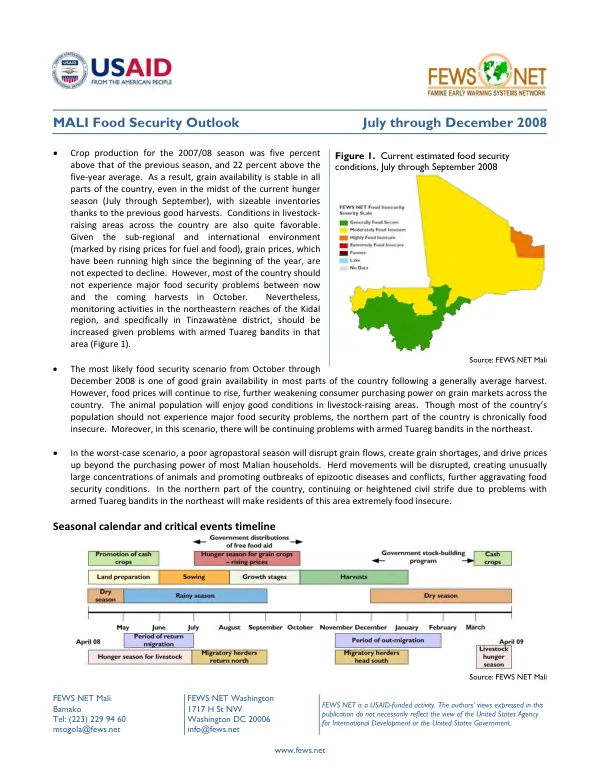 Mali food security outlook, July through December 2008