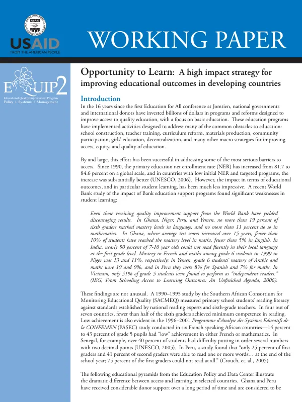 Opportunity to learn : a high impact strategy for improving educational outcomes in developing countries