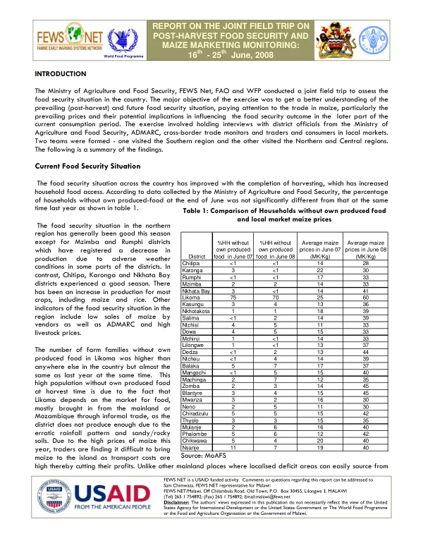 Report on the joint field trip on post-harvest food security and maize marketing monitoring : 16th-25th June, 2008