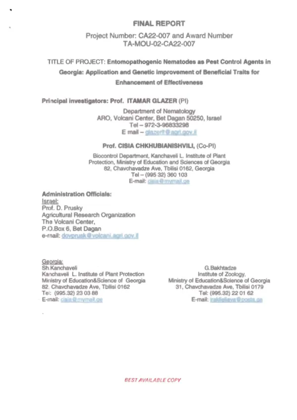 Final report : entomopathogenic nematodes as pest control agents in Georgia : application and genetic improvement of beneficial traits for enhancement of effectiveness [-- covering period September 1, 2003 to August 31, 2007