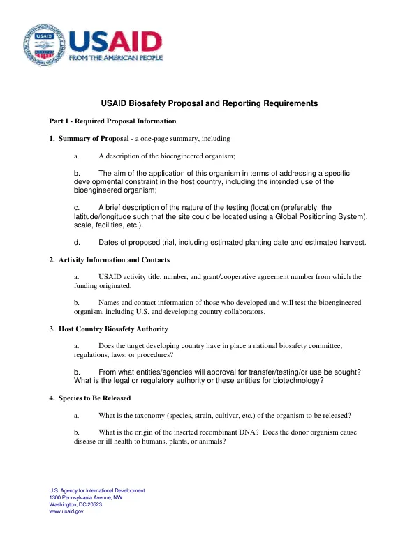 USAID biosafety proposal and reporting requirements
