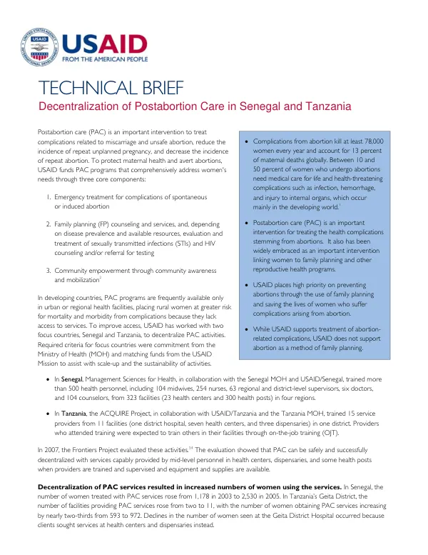 Decentralization of postabortion care in Senegal and Tanzania