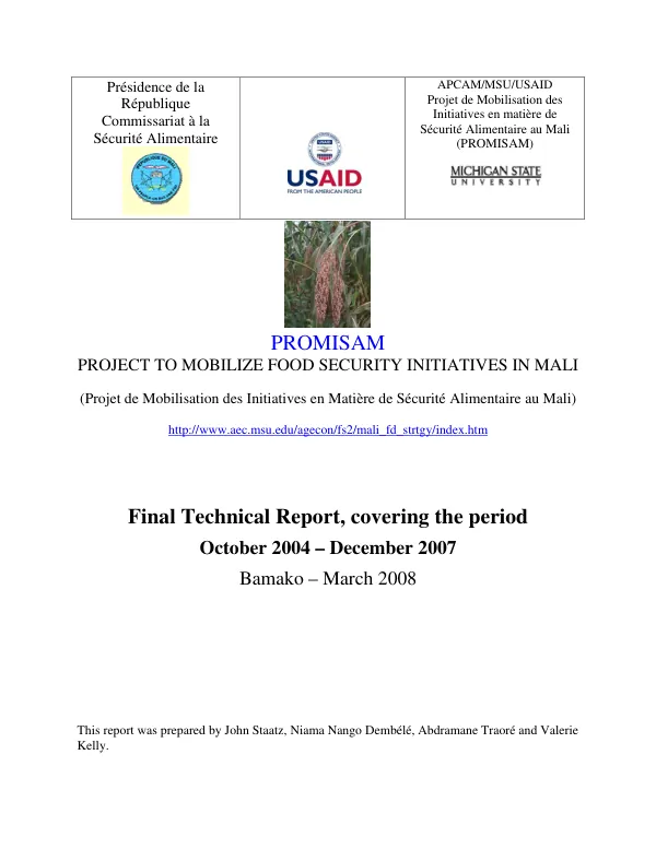 PROMISAM, project to mobilize food security initiatives in Mali (projet de mobilisation des initiatives en matiere de securite alimentaire au Mali) : final technical report covering the period October 2004-December 2007
