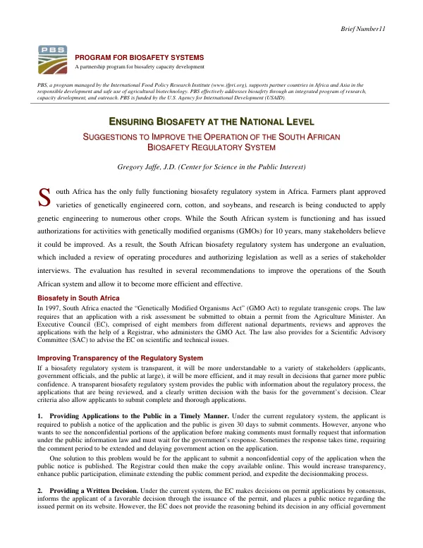 Ensuring biosafety at the national level : suggestions to improve the operation of the South African biosafety regulatory system