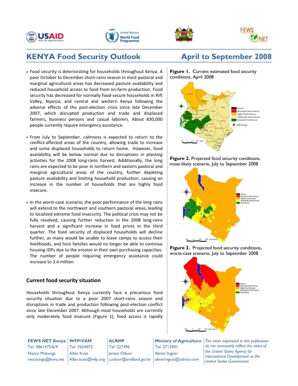 Kenya food security outlook, April to September 2008