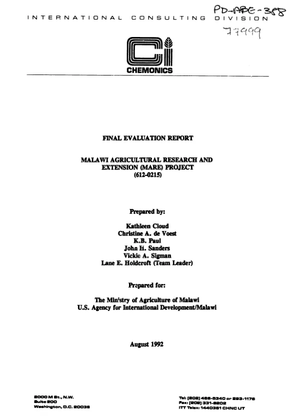 Final evaluation report : Malawi agricultural research and extension (MARE) project (612-0215)
