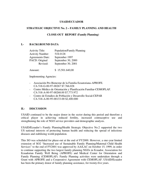 USAID/Ecuador : strategic objective no. 2, family planning and health -- close-out report (family planning)