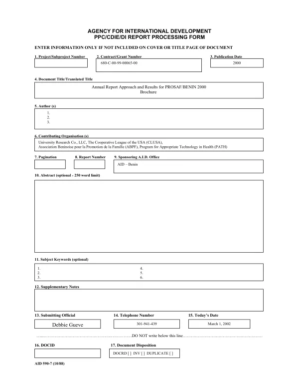Annual report approach and results for PROSAF [promotion integree de sante familiale dans le Borgou et l"Alibori]/Benin 2000 [brochure] : the Benin integrated family health program