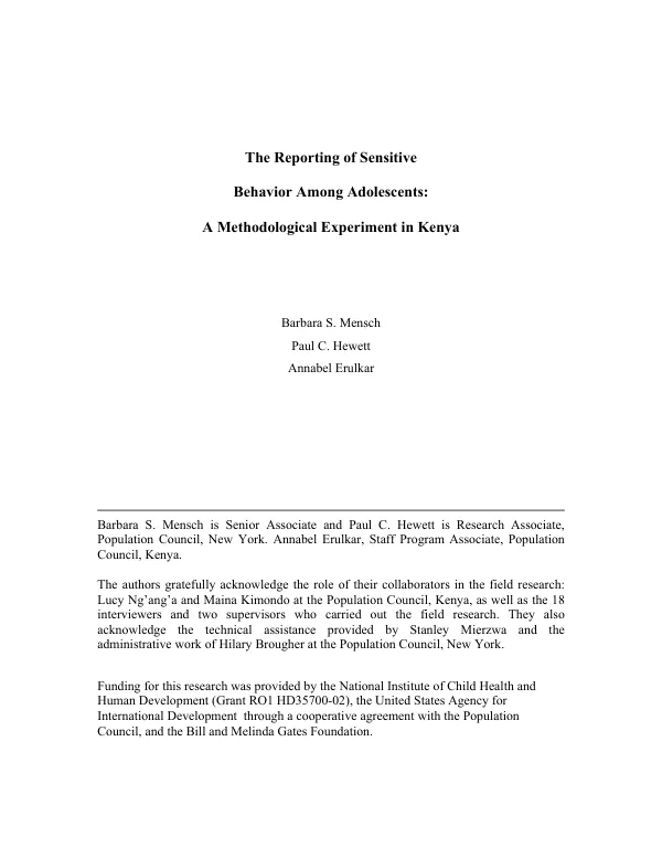 Reporting of sensitive behavior among adolescents : a methodological experiment in Kenya