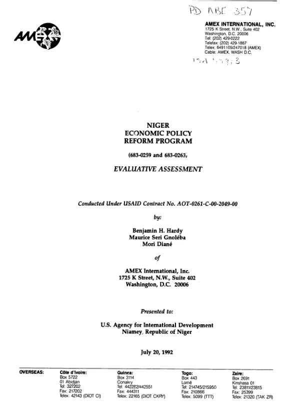 Niger economic policy reform program (683-0259 and 683-0263) : evaluative assessment