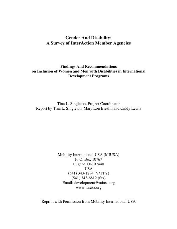 Gender and disability : a survey of InterAction member agencies -- findings and recommendations on inclusion of women and men with disabilities in international development programs